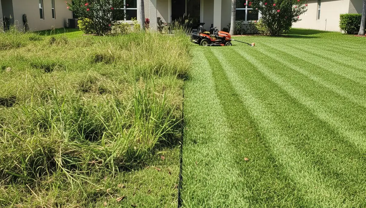 Before and after lawn mowing showing yard transformation by Chop Chop Landscaping in Tampa, FL