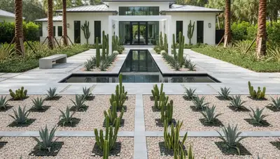 Modern pea gravel landscape with geometric design in Tampa FL by Chop Chop Landscaping