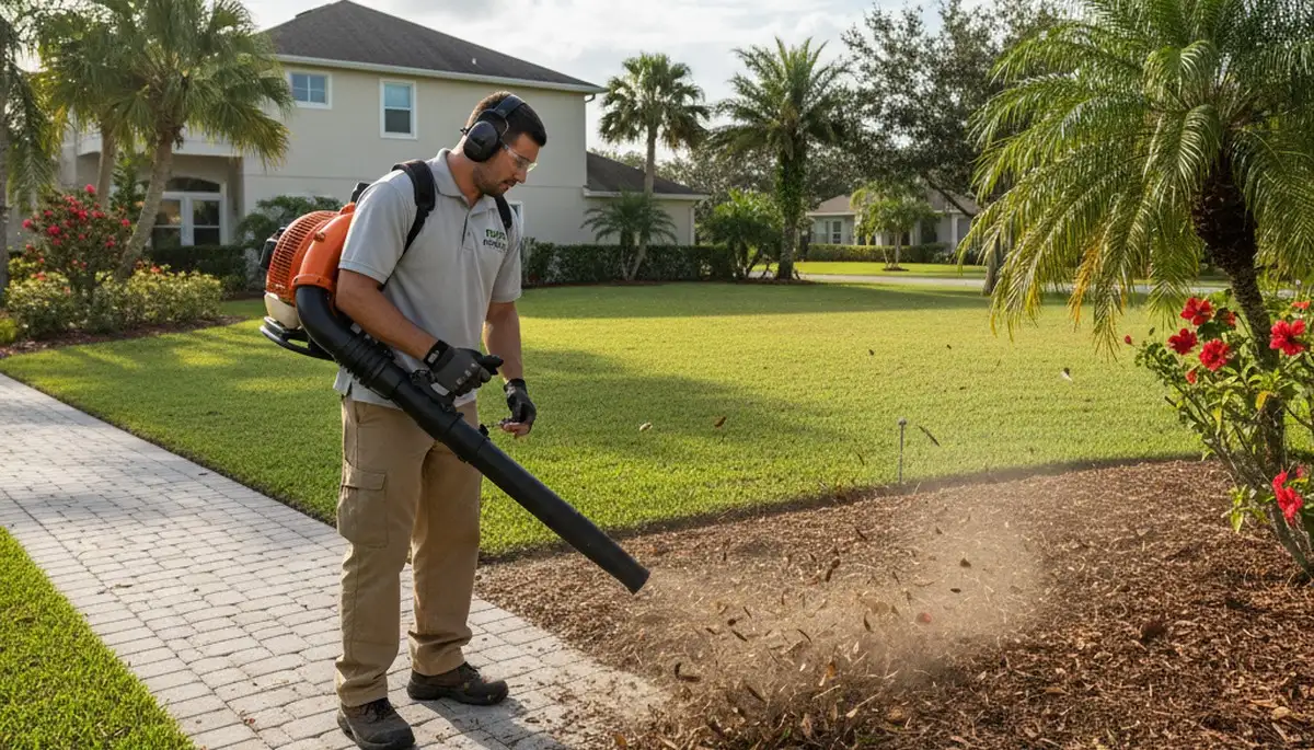 Technician using leaf blower for debris removal during lawn maintenance in Tampa, FL