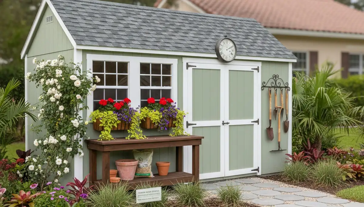 Decorative garden shed with lush landscaping in Tampa FL by Chop Chop Landscaping