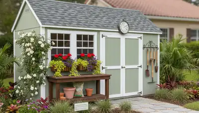 Decorative garden shed with lush landscaping in Tampa FL by Chop Chop Landscaping