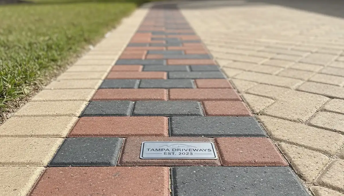 Decorative soldier course paver border with clean edging on Tampa FL driveway by Chop Chop Landscaping