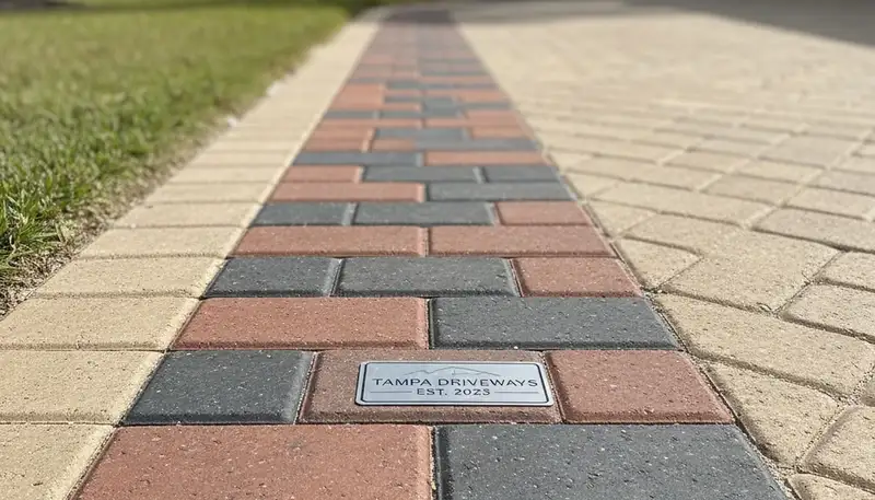 Decorative soldier course paver border with clean edging on Tampa FL driveway by Chop Chop Landscaping