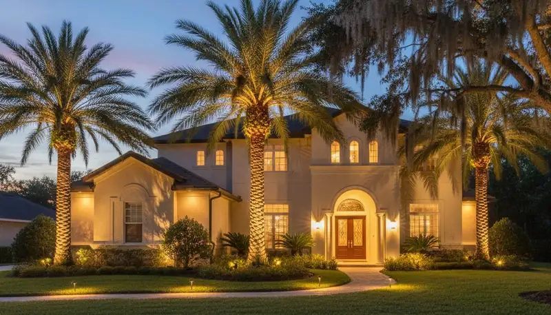 Dramatic tree uplighting design highlighting mature trees at night by Chop Chop Landscaping in Tampa, FL