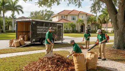 Technicians performing fall leaf removal and yard cleanup at a residential property in Tampa, FL