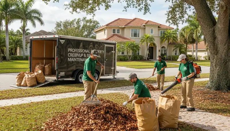 Technicians performing fall leaf removal and yard cleanup at a residential property in Tampa, FL