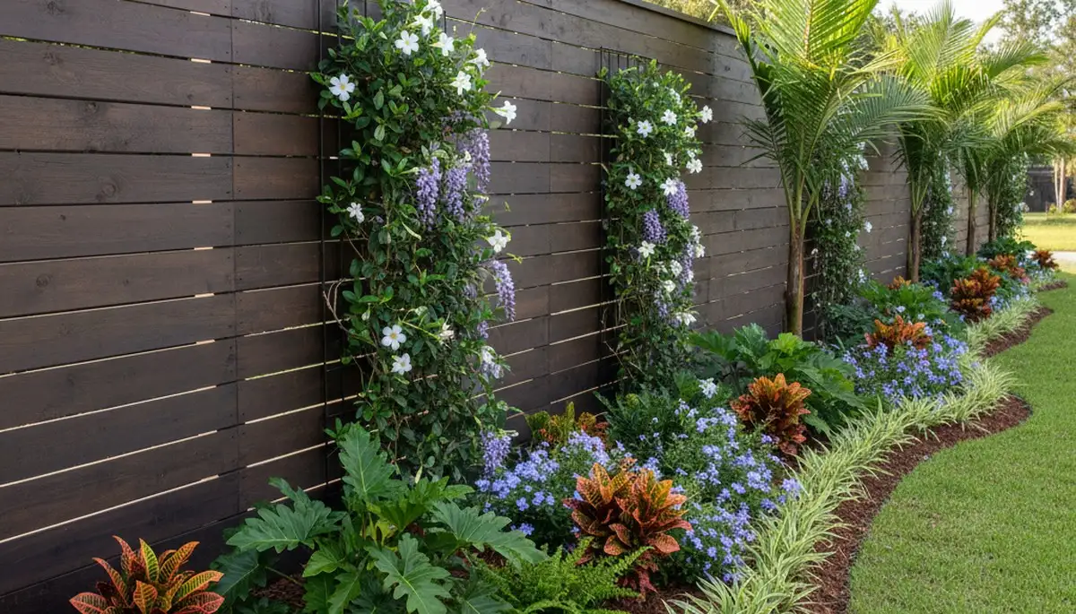 Modern wood fence with integrated plantings by Chop Chop Landscaping in Tampa, FL