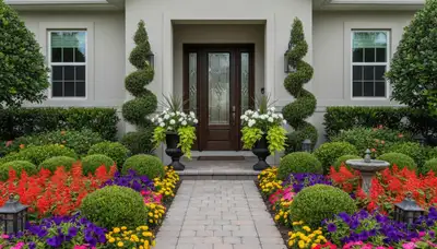 Front yard landscape design with colorful plants and shaped shrubs by Tampa FL landscaping experts