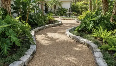 Pea gravel garden pathway in Tampa FL showcasing professional landscaping and natural drainage design