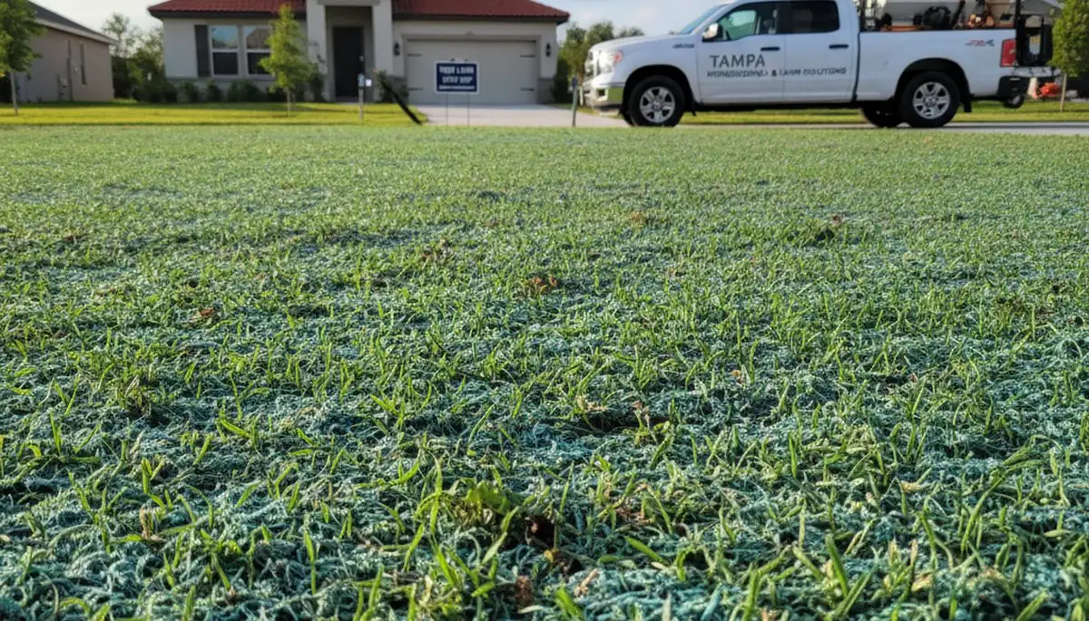 Hydroseeded grass seedlings sprouting in Tampa, FL lawn, showing successful landscaping germination