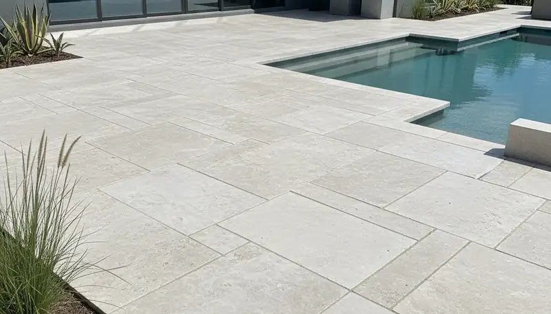 Modern large format stone slab patio installation by professional landscapers in Tampa, FL