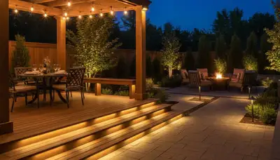 Evening patio and deck lighting with step lights by Chop Chop Landscaping in Tampa, FL