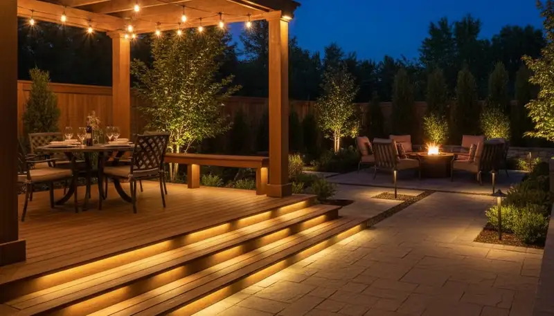 Evening patio and deck lighting with step lights by Chop Chop Landscaping in Tampa, FL