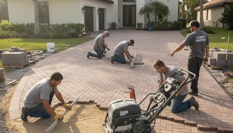 Technicians installing driveway pavers in Tampa FL with precise base prep and alignment