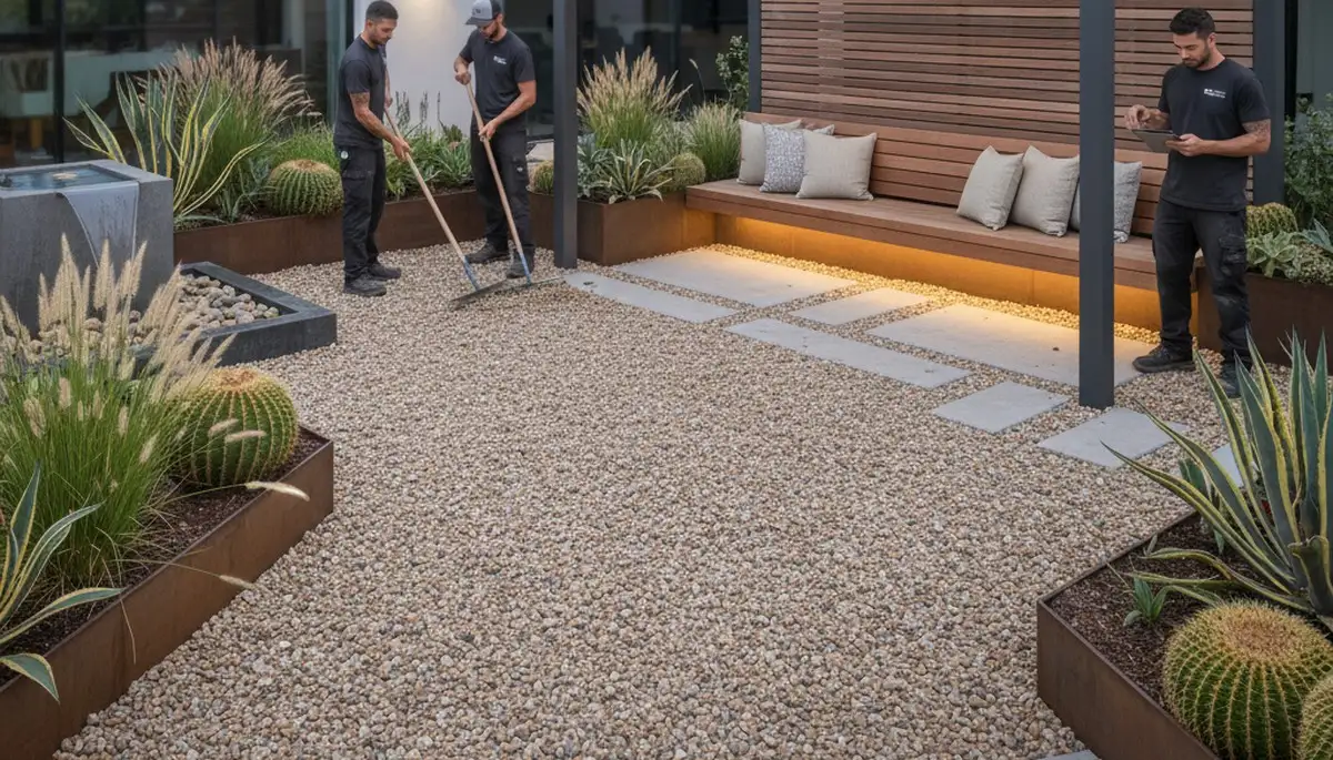 Pea gravel installation in Tampa, FL for landscaping pathways and drainage by Chop Chop Landscaping