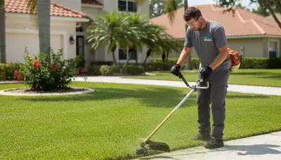 Technician edging lawn borders with string trimmer for precise lawn maintenance in Tampa, FL