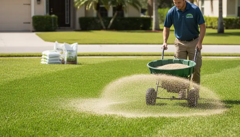 Professional lawn care operator spreading fertilizer evenly on residential lawn in Tampa, FL