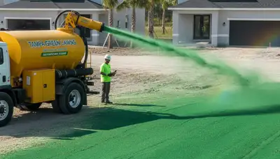Hydroseeder truck spraying green slurry on lawn during hydroseeding service in Tampa, FL