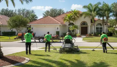 Professional crew performing lawn mowing, edging, and cleanup at a Tampa FL residential property