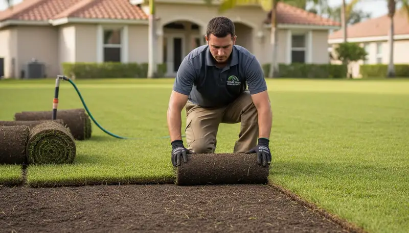 Technician installing fresh sod rolls for professional lawn installation in Tampa, FL landscaping project