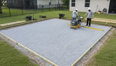 Professional shed foundation preparation with gravel base by landscaping experts in Tampa, FL