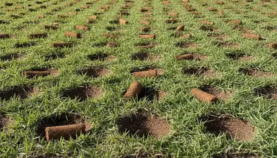 Close-up of soil core plugs after professional lawn aeration on a Tampa, FL lawn by Chop Chop Landscaping