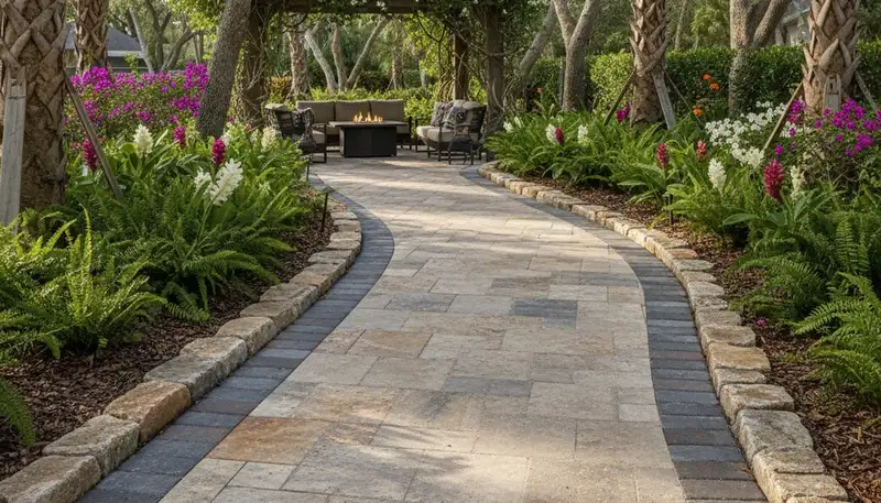 Expert stone paver pathway installation with natural stone design in Tampa, FL landscaping project