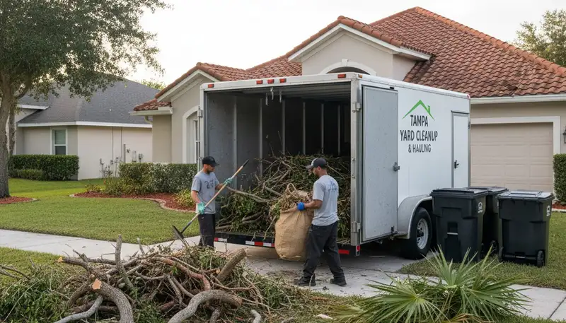 Storm debris cleanup crew clearing fallen branches on a Tampa FL property after severe weather damage