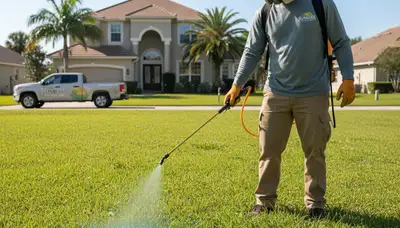 Lawn care technician applying weed control treatment with sprayer in Tampa, FL landscaping service
