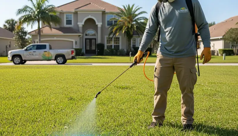 Lawn care technician applying weed control treatment with sprayer in Tampa, FL landscaping service